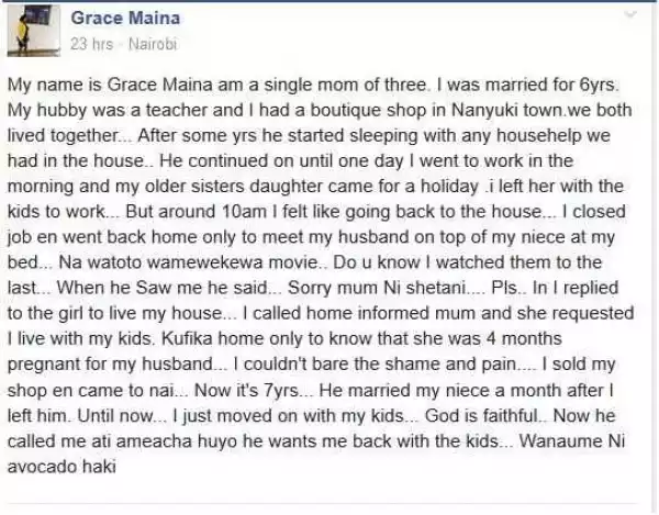 I caught my husband on top of my niece in our bed, I divorced him, he married her - narates Kenyan woman